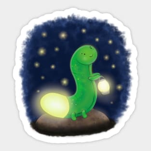 Cute green glow worm with lantern cartoon illustration Sticker